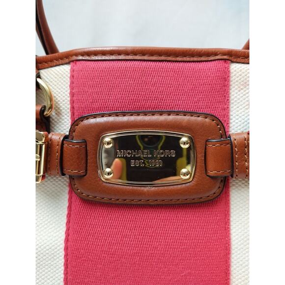 Michael Kors Hamilton Ivory Canvas Leather Trim Red Stripe Satchel Shoulder Bag - Picture 3 of 14